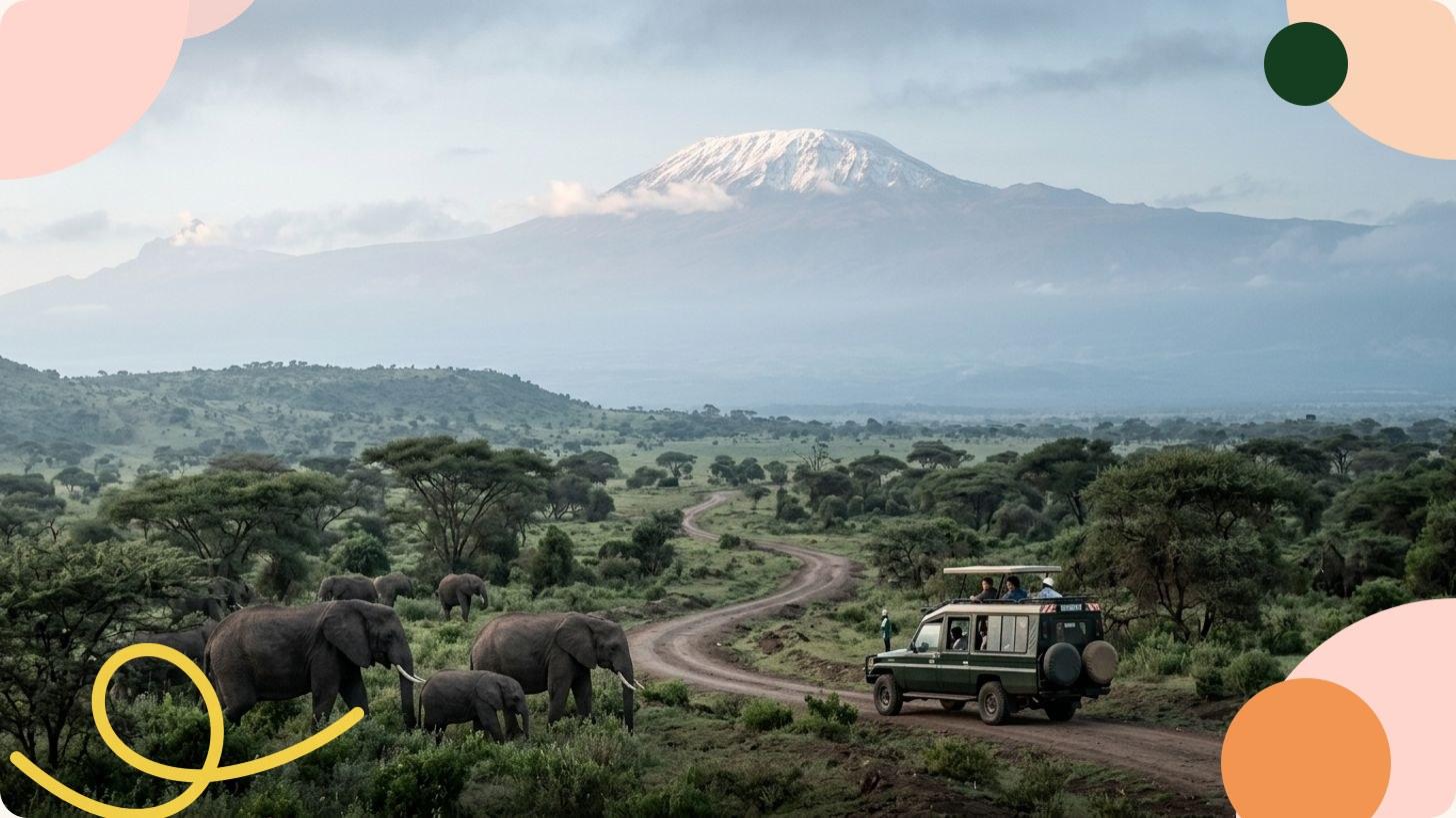 African savanna at sunset with a lone acacia tree and mountains in the background, Tanzania