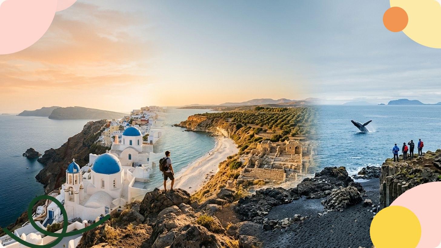 View over the Greek islands in summer, turquoise sea and white houses with blue domes typical of the Cyclades