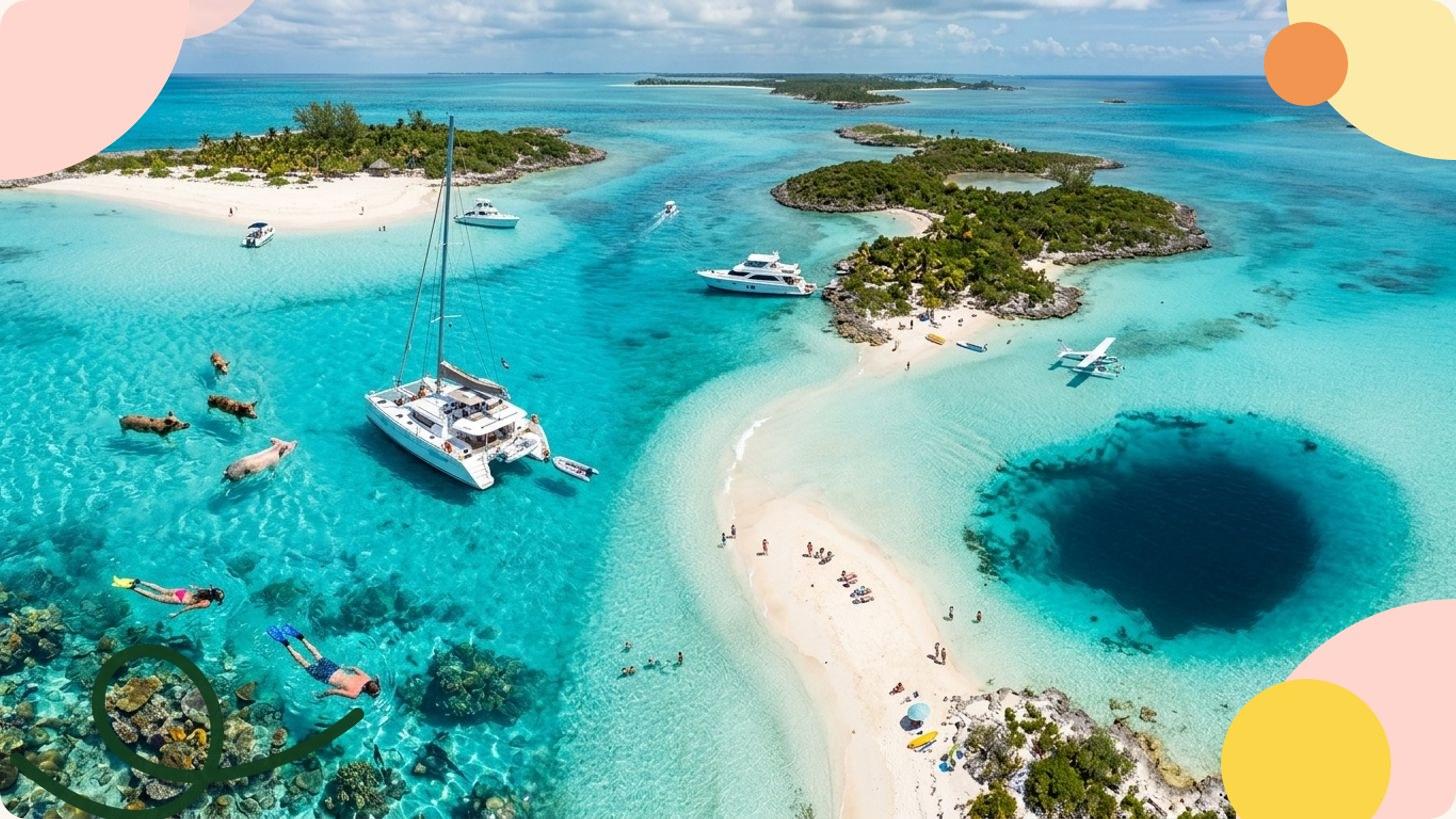 Vue aérienne d'une plage paradisiaque des Bahamas avec eaux turquoise et îlots boisés