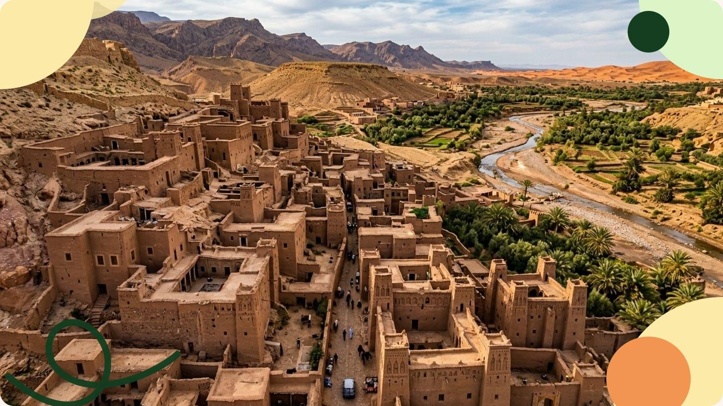 Aerial view of a bustling Moroccan medina at sunset, with a market, ochre buildings and crowds of visitors
