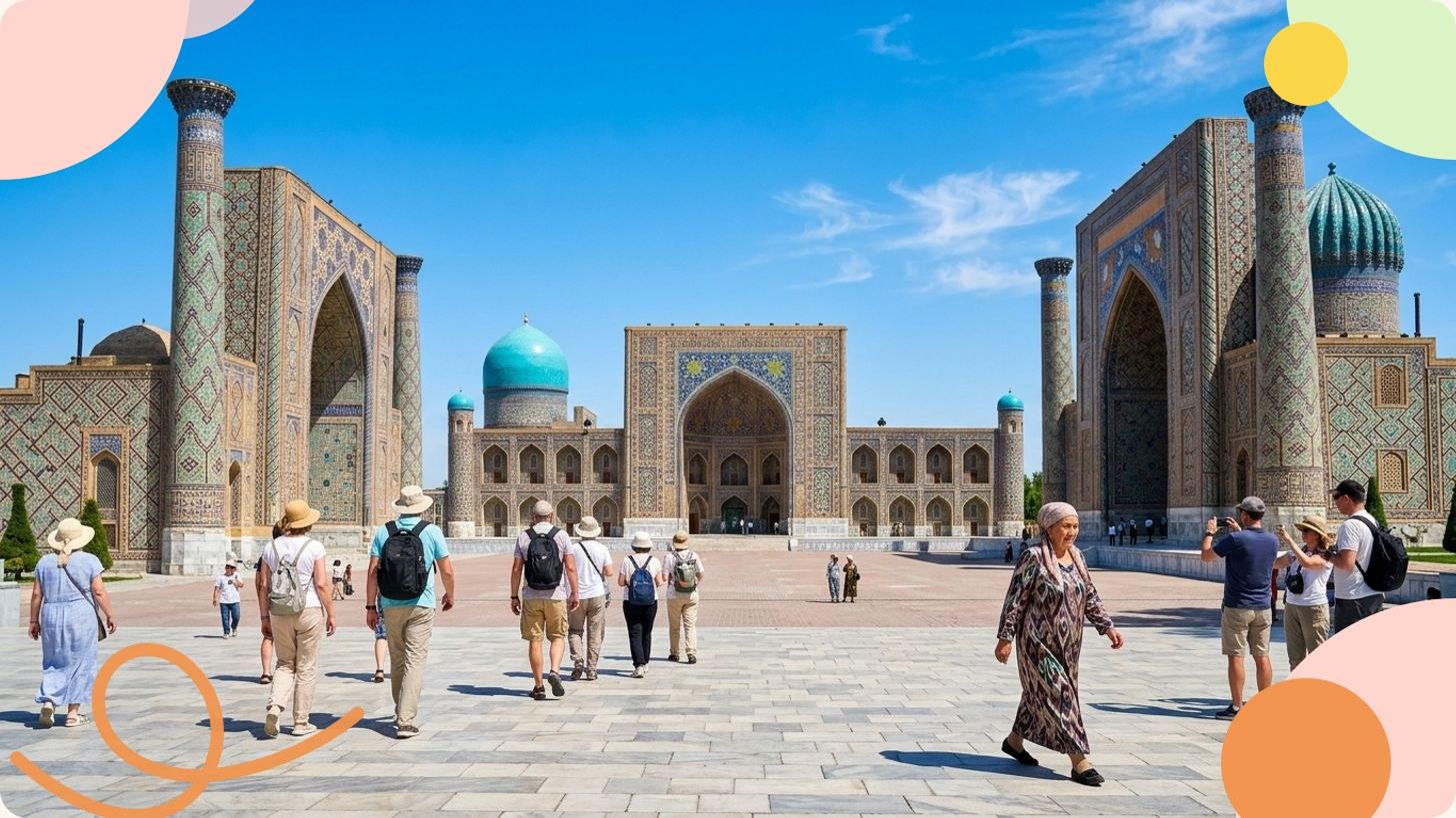 Registan Square in Samarkand with its three madrasas decorated with mosaic tilework and turquoise domes