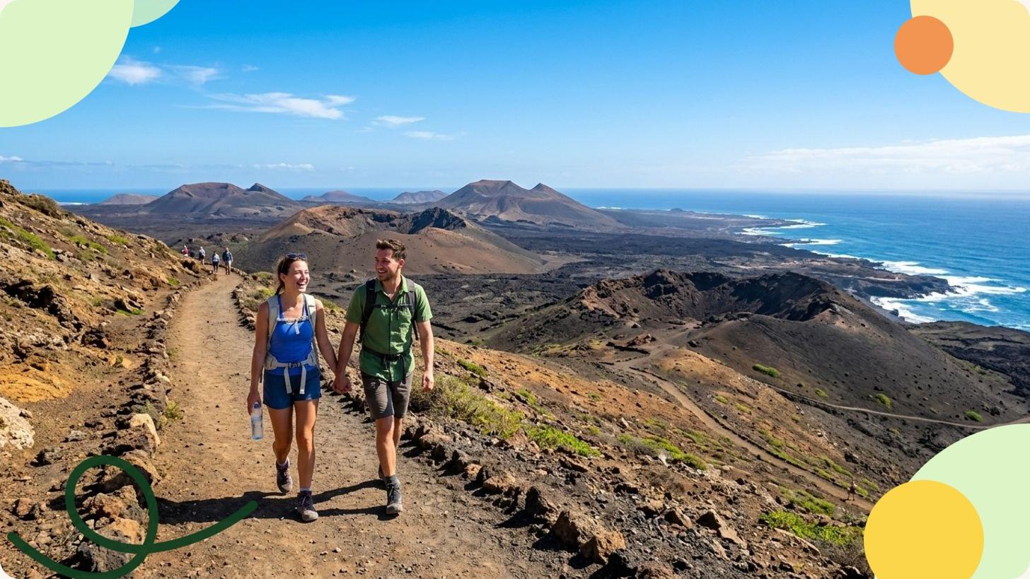 Volcanic landscape of the Canary Islands with the blue ocean stretching to the horizon