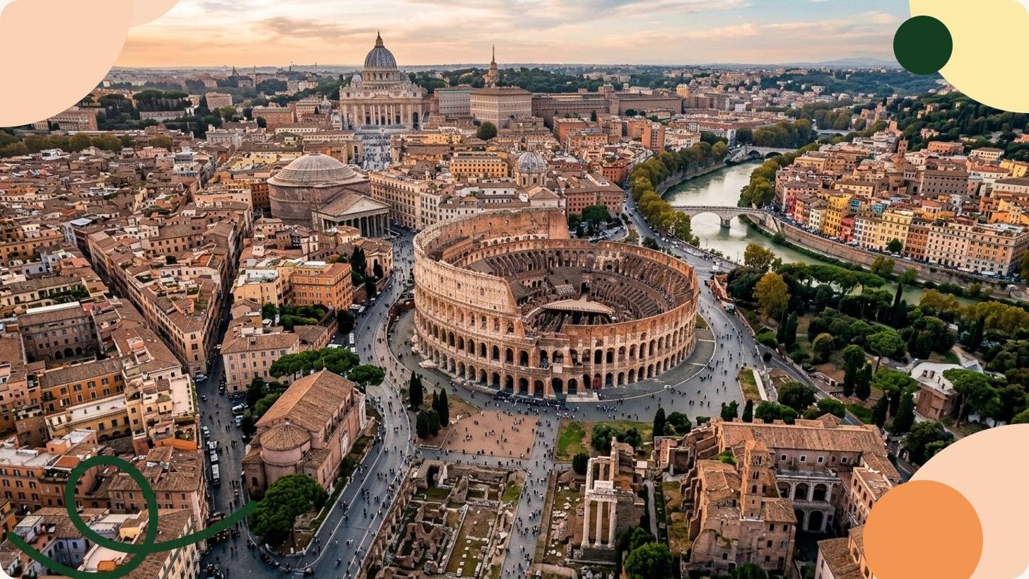 Aerial view of Rome with the Colosseum in the foreground and the skyline of the Eternal City stretching into the distance