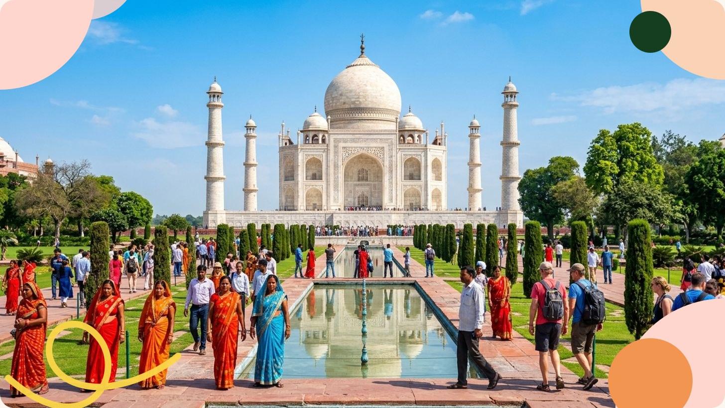 View of the white marble Taj Mahal from the main esplanade, Agra, India