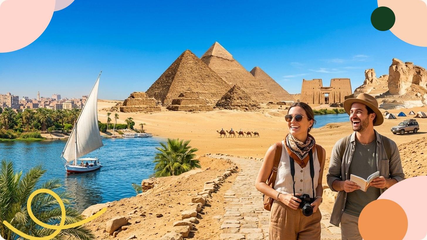 The Giza Pyramids and Great Sphinx rising from the Egyptian desert under a clear blue sky