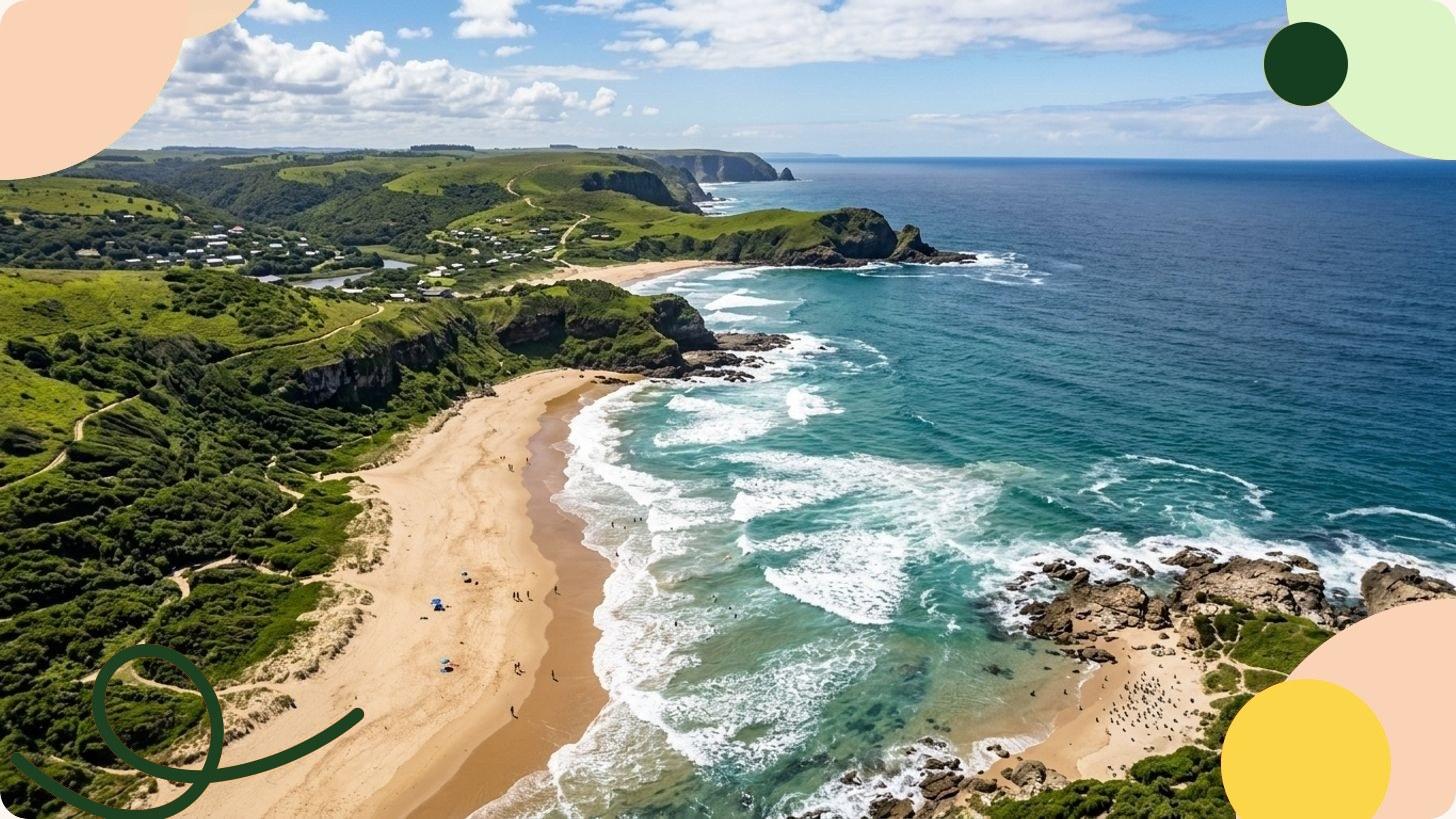 Aerial view of a South African coastal bay with steep mountains, a shoreline city and turquoise waters