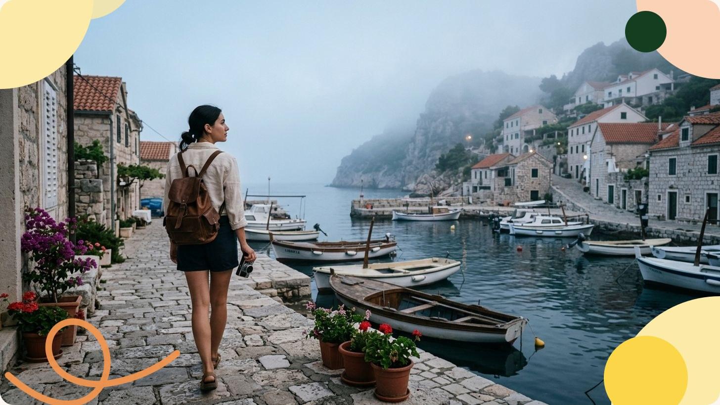 Travellers enjoying a terrace with sweeping views over a Mediterranean bay on a summer trip to Europe