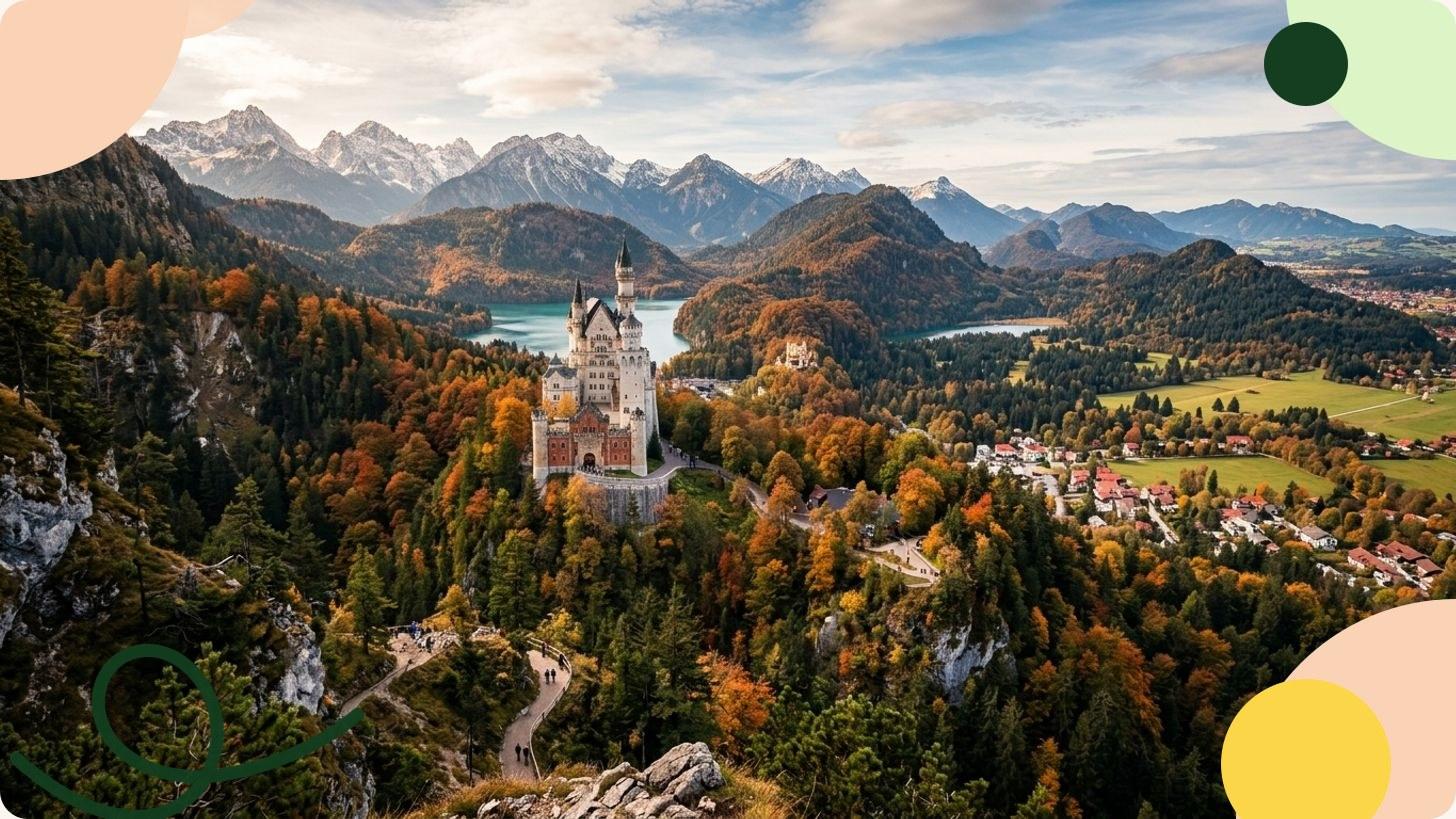 Panoramic view of Neuschwanstein Castle perched on its wooded clifftop in Bavaria, Germany