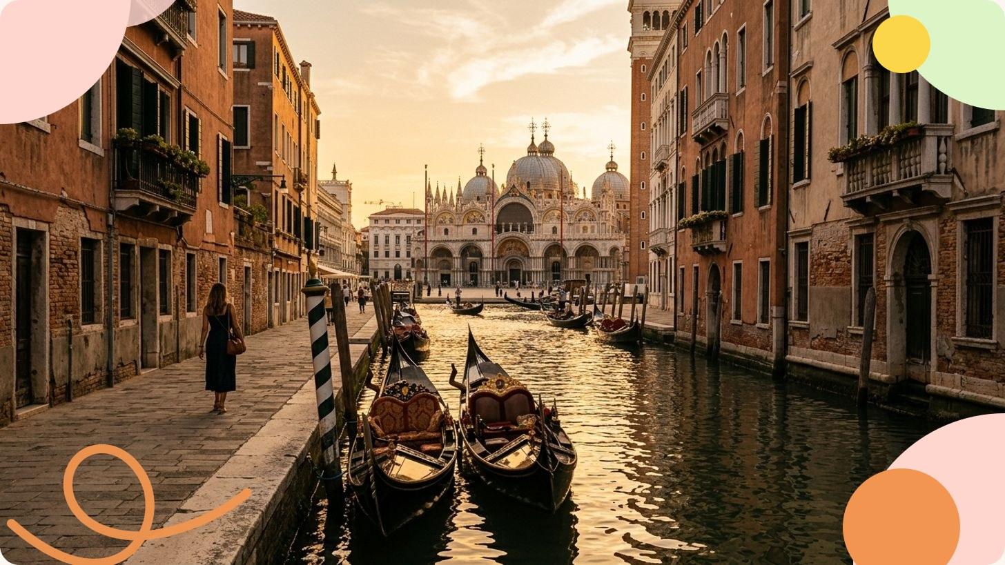 Venetian canal with gondolas and historic palazzo facades bathed in golden late-afternoon light
