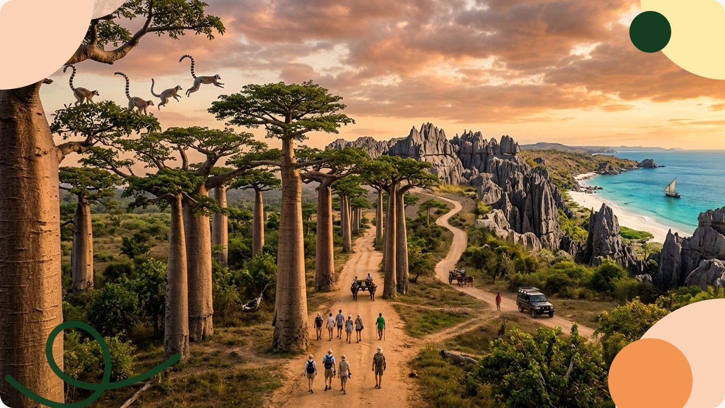 Allée de baobabs géants aux troncs massifs sous un ciel doré au coucher du soleil, près de Morondava, Madagascar