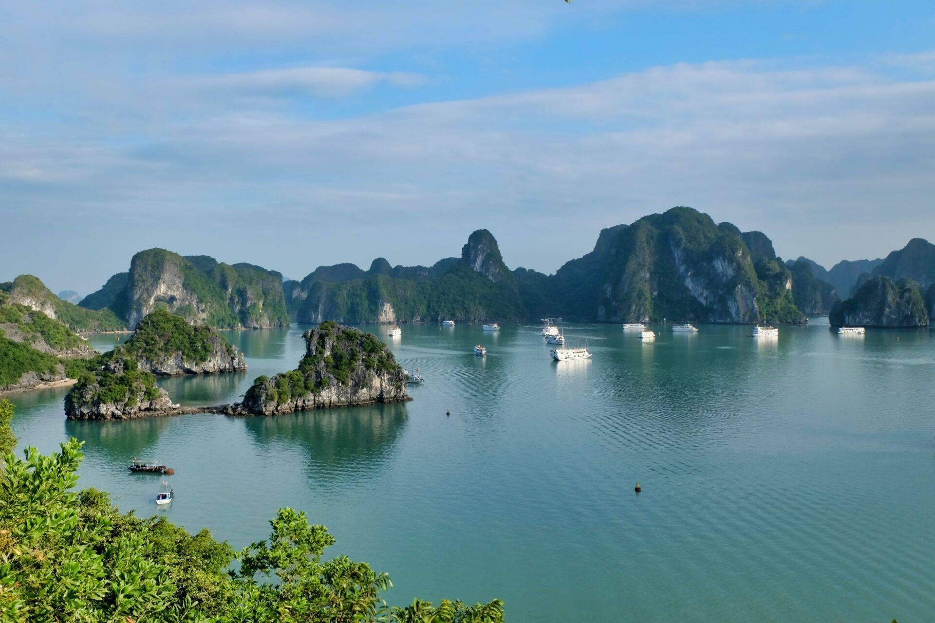 Vue panoramique d’une baie tropicale avec formations rocheuses calcaires, végétation luxuriante et bateaux touristiques