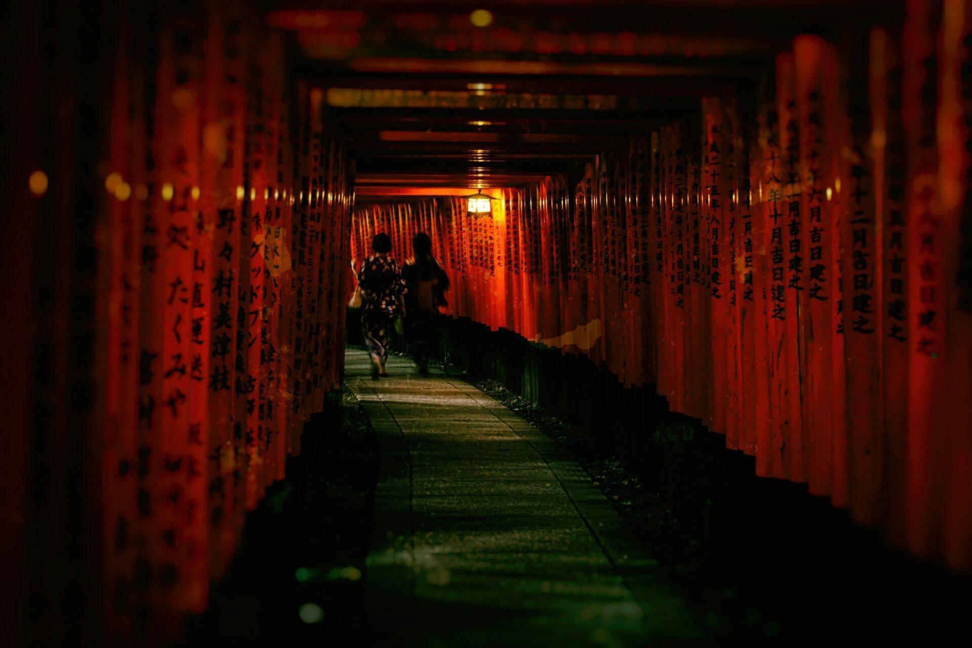 Tunnel of red torii gates illuminated at night with visitors walking along the path in Japan