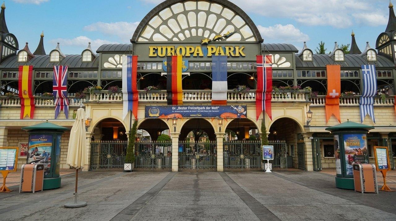 The grand entrance of a European theme park with its Belle Epoque architecture and colourful national flags