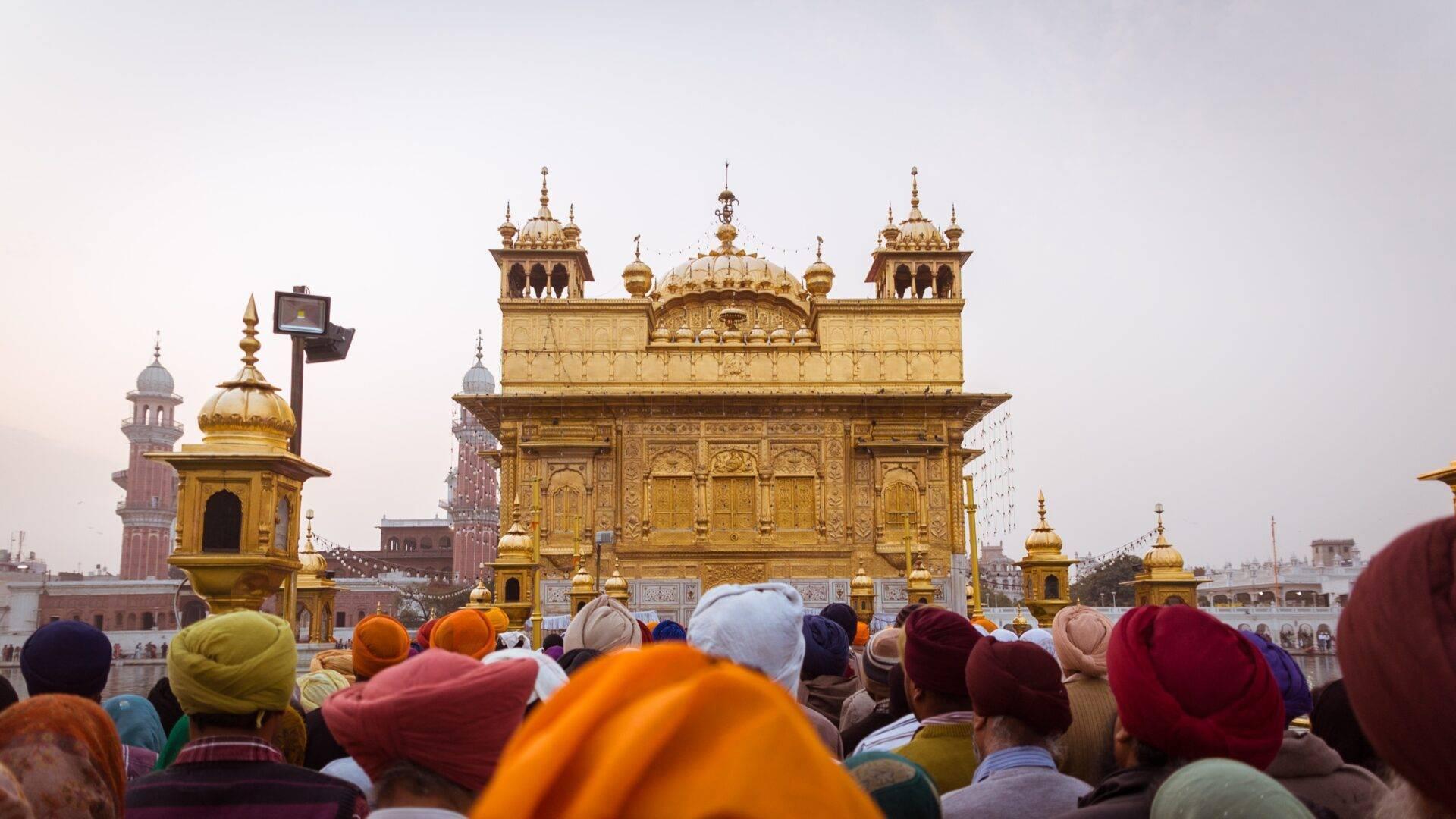 A crowd of pilgrims in colourful turbans facing an elaborately decorated golden temple with gilded domes