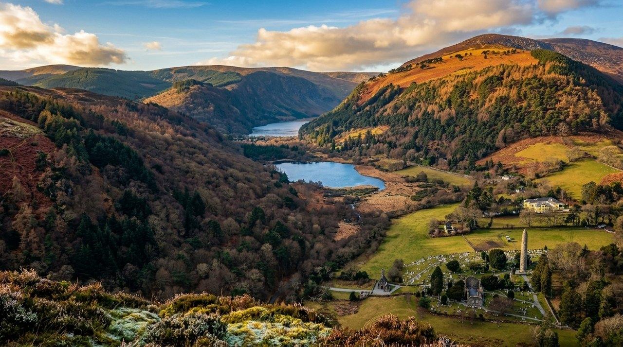 A mountain valley with two blue lakes, a historic church, conifer forests and scattered dwellings under a cloudy sky