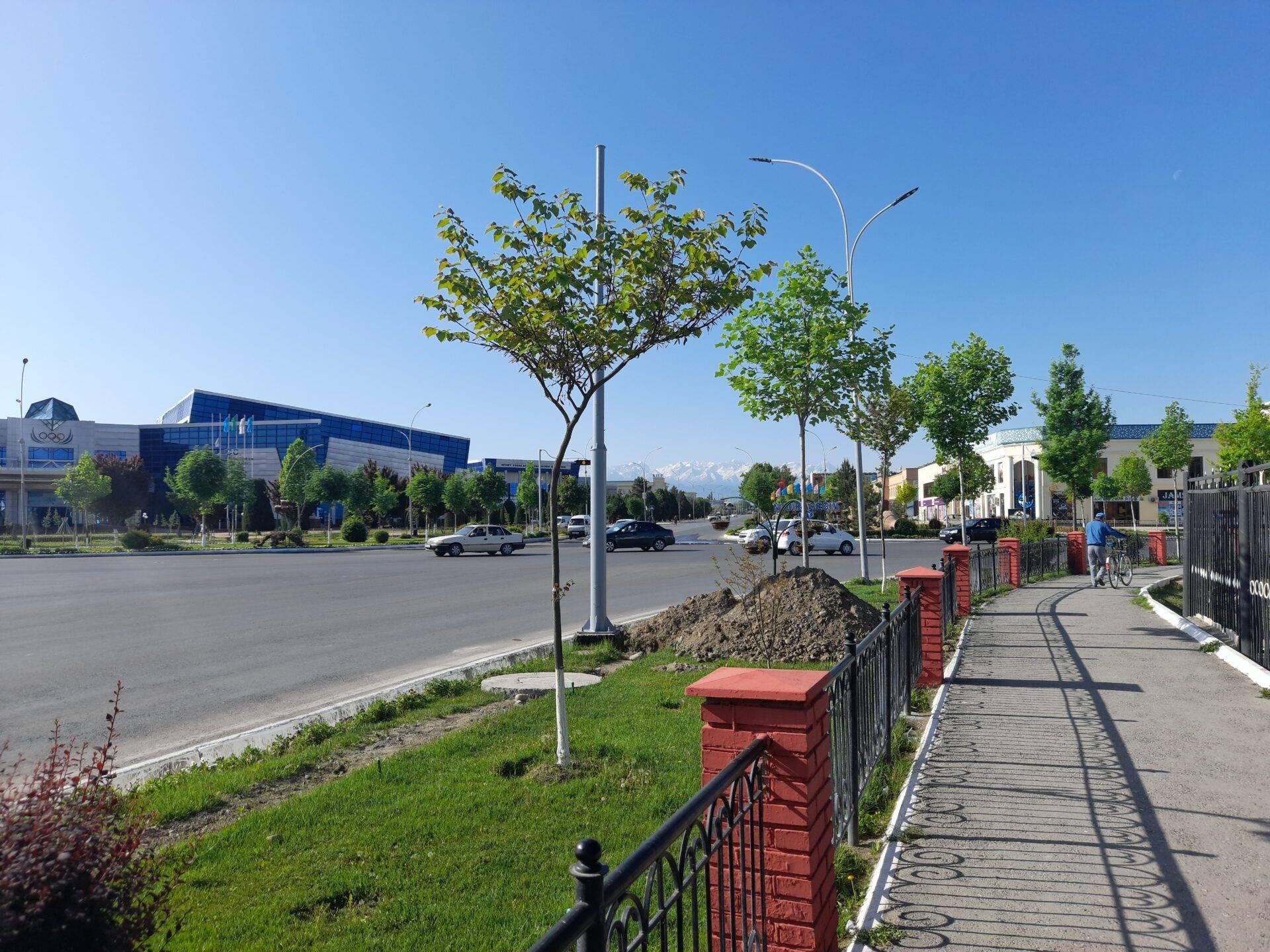 A modern Central Asian urban avenue with contemporary buildings, wide roads and snow-capped mountains in the background