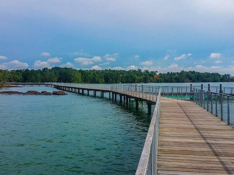 Une longue passerelle en bois avec garde-fou métallique s’étend au-dessus d’une eau turquoise, bordée de forêt verdoyante