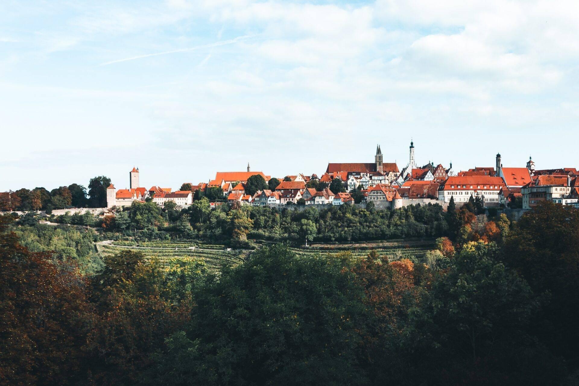 Panoramic view of a medieval German hilltop town with red rooftops and church steeples, surrounded by vineyards and forests