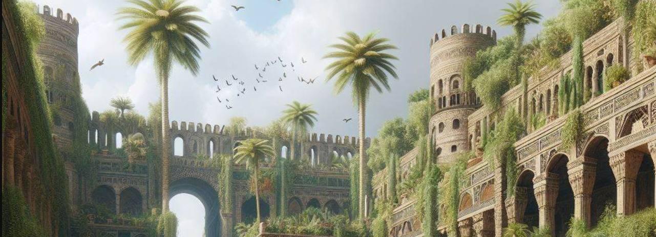Artistic illustration of ancient ruins with fortified towers, lush vegetation and palm trees under a clear sky