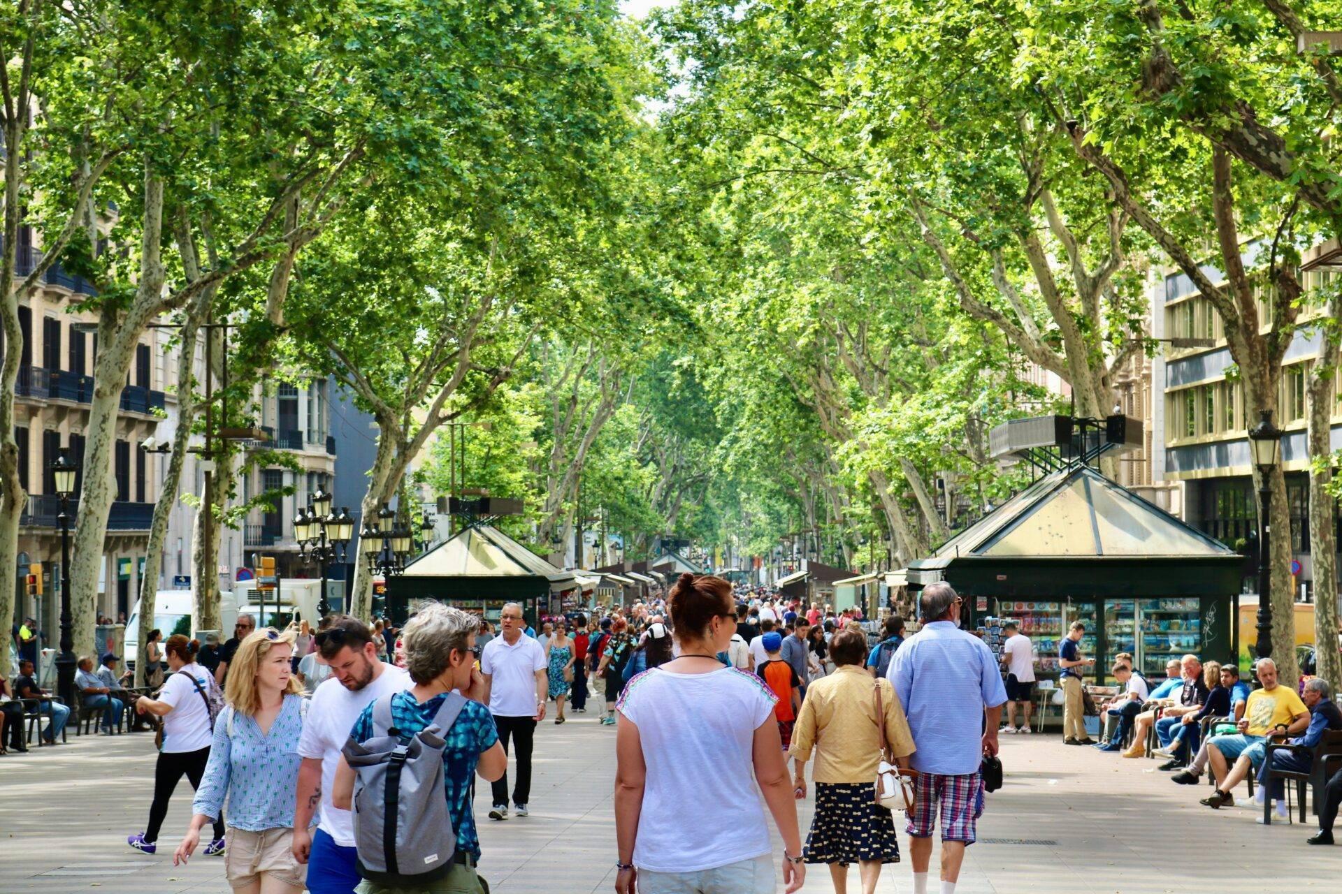 Une rue piétonne animée bordée de platanes, avec foules de touristes, kiosques et bâtiments historiques en arrière-plan