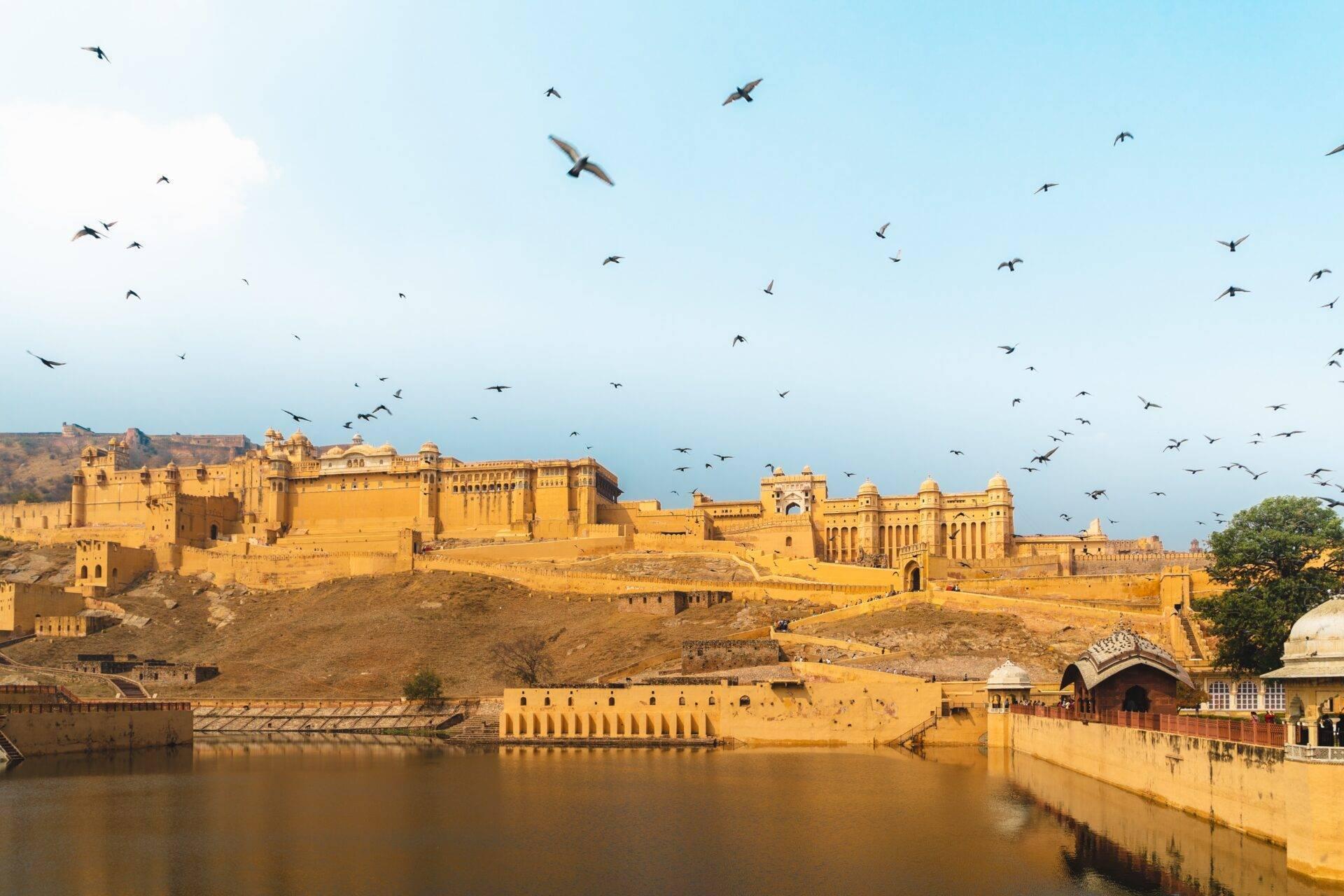 A vast ochre stone fort overlooking a river, with birds in flight against a blue sky