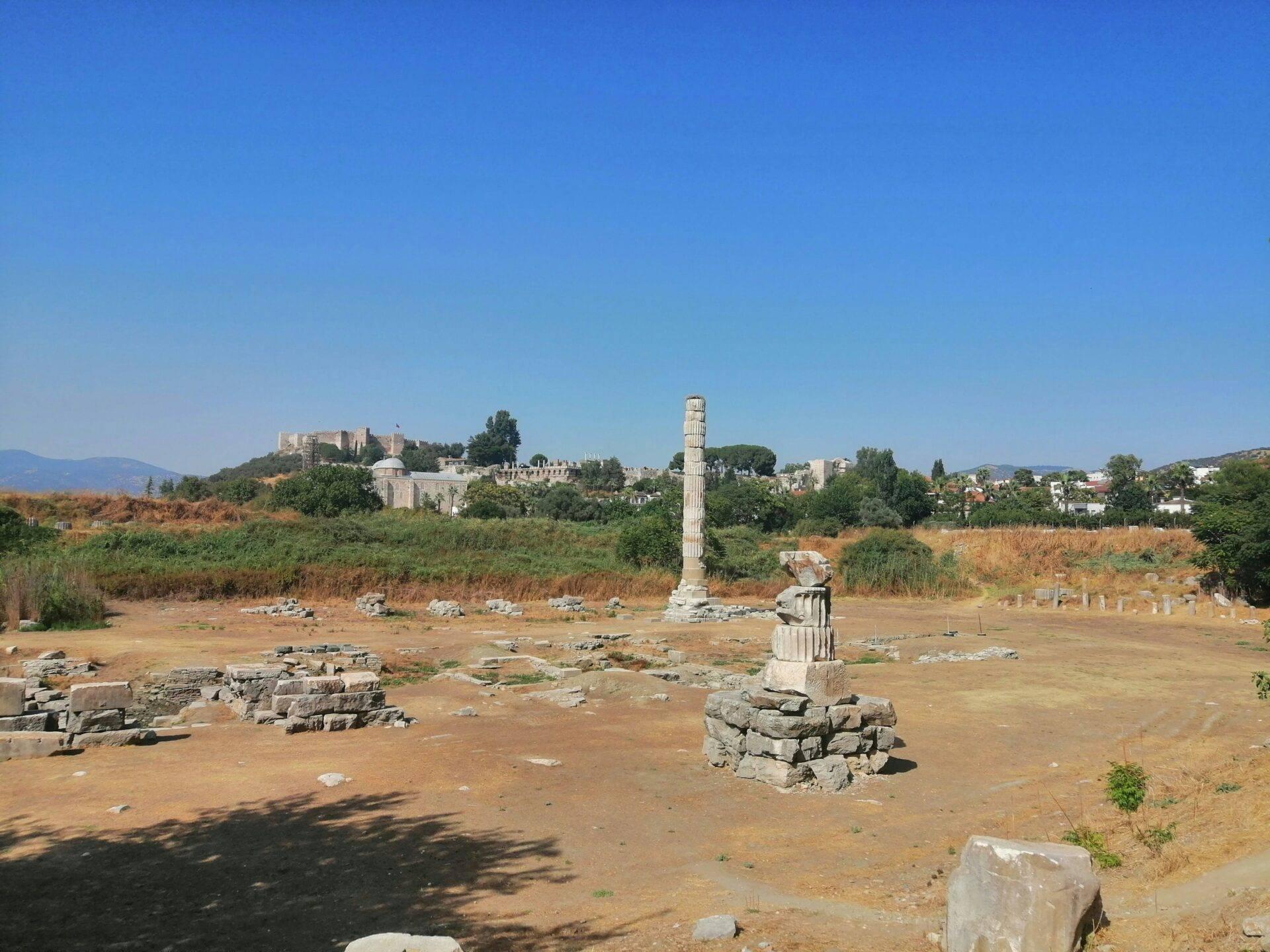 Ancient ruins with a solitary standing column, a temple structure in the background and mountains under an open sky