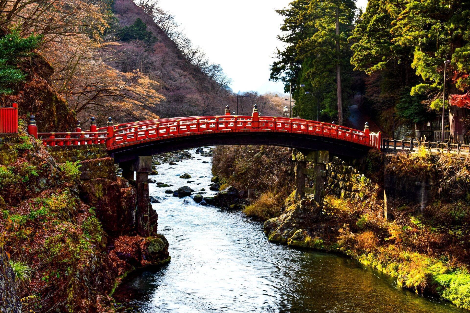A red arched bridge spanning a rocky river in an autumnal Japanese woodland setting