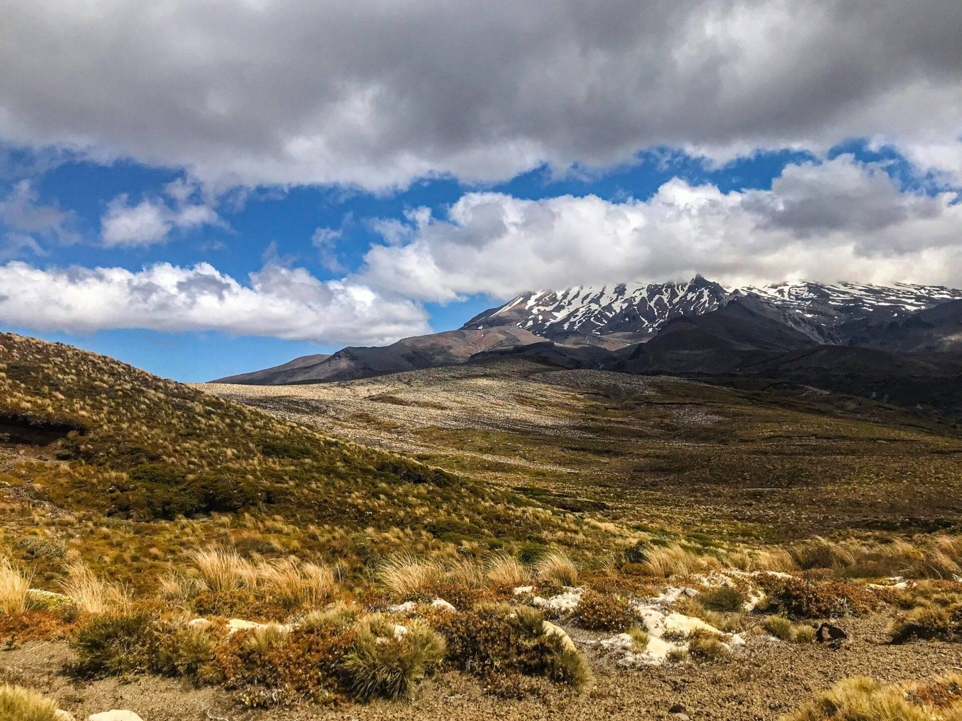 Paysage montagneux avec pic enneigé dominant une vallée désertique parsemée de végétation arbustive sous ciel nuageux