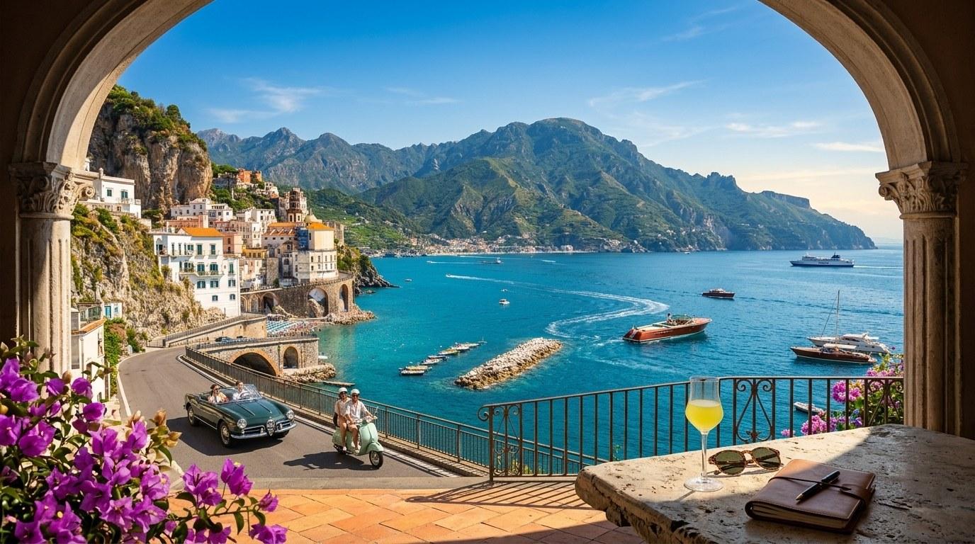 View through an archway of an Italian coastal village with colourful houses, turquoise sea and moored boats